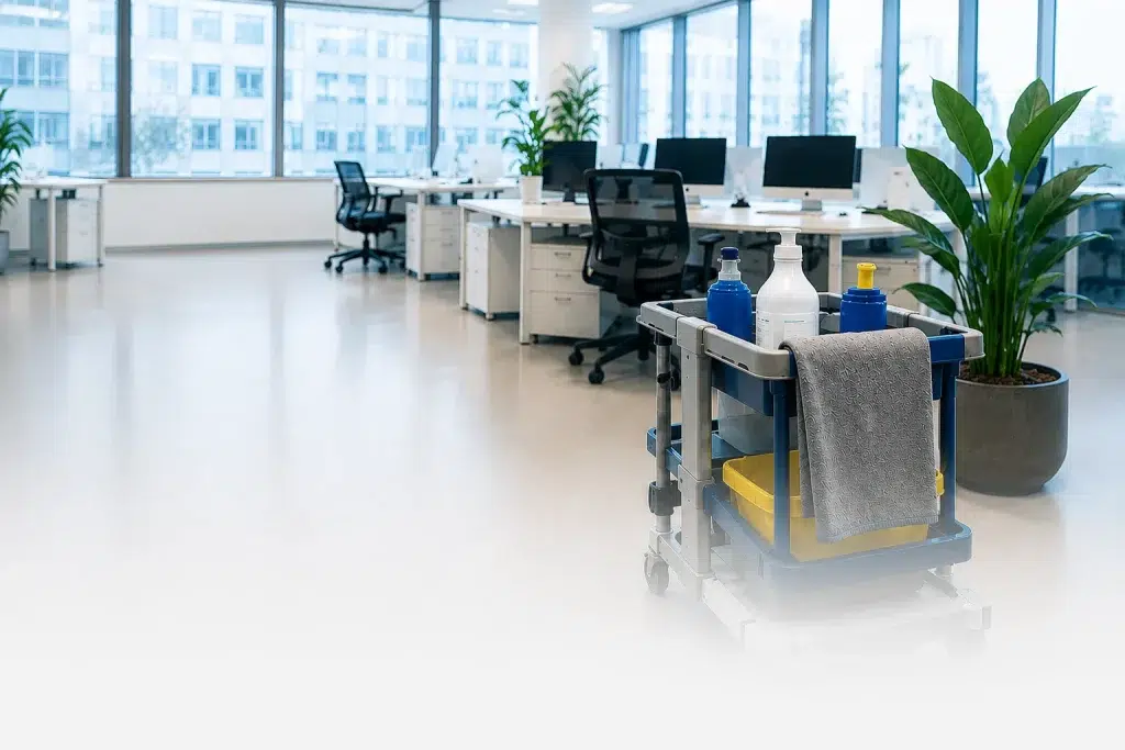 Cleaning trolley in a bright open-plan office with rows of desks and monitors