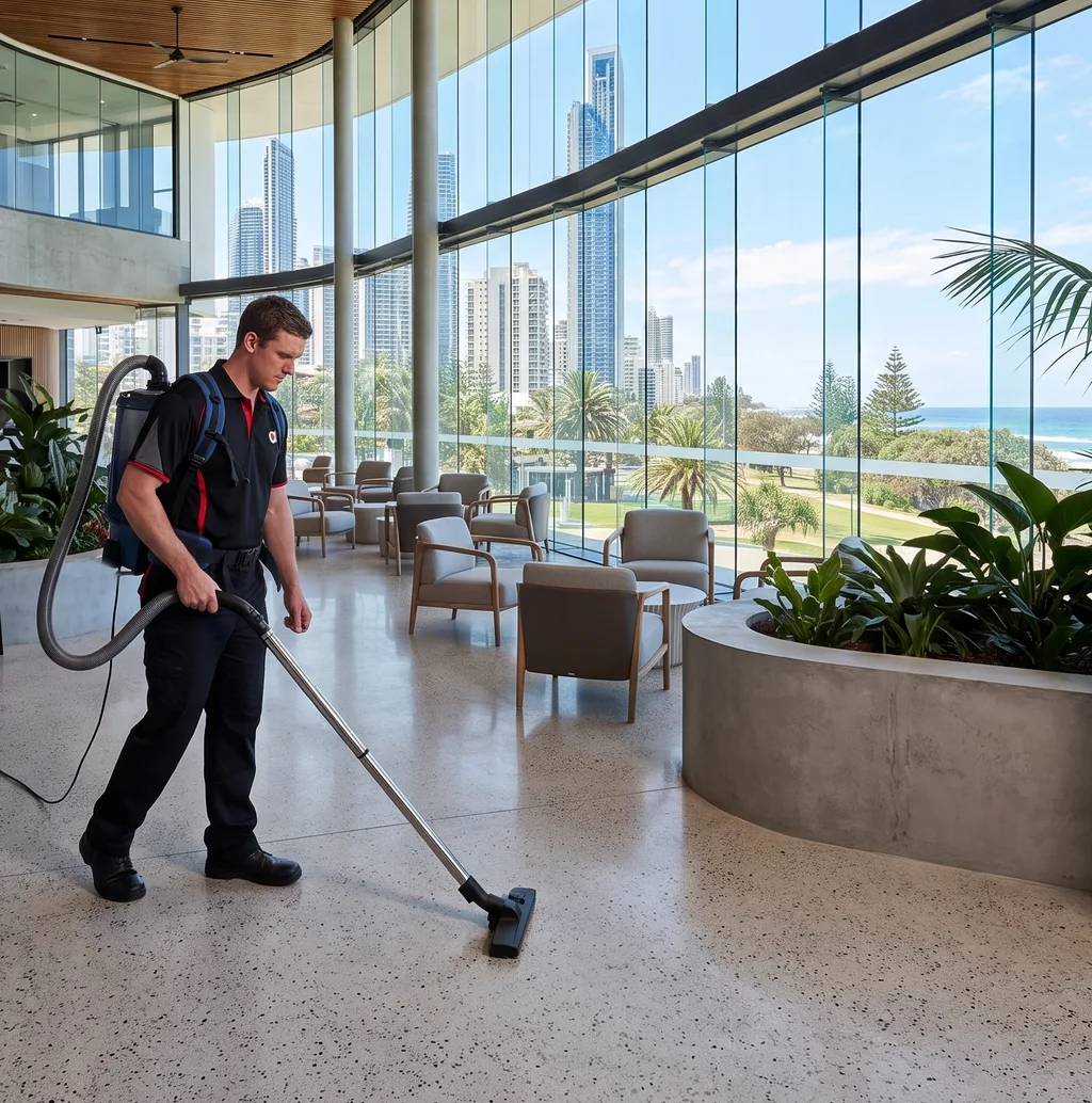 Commercial cleaner vacuuming a lobby with Gold Coast high-rises and the beach through the windows