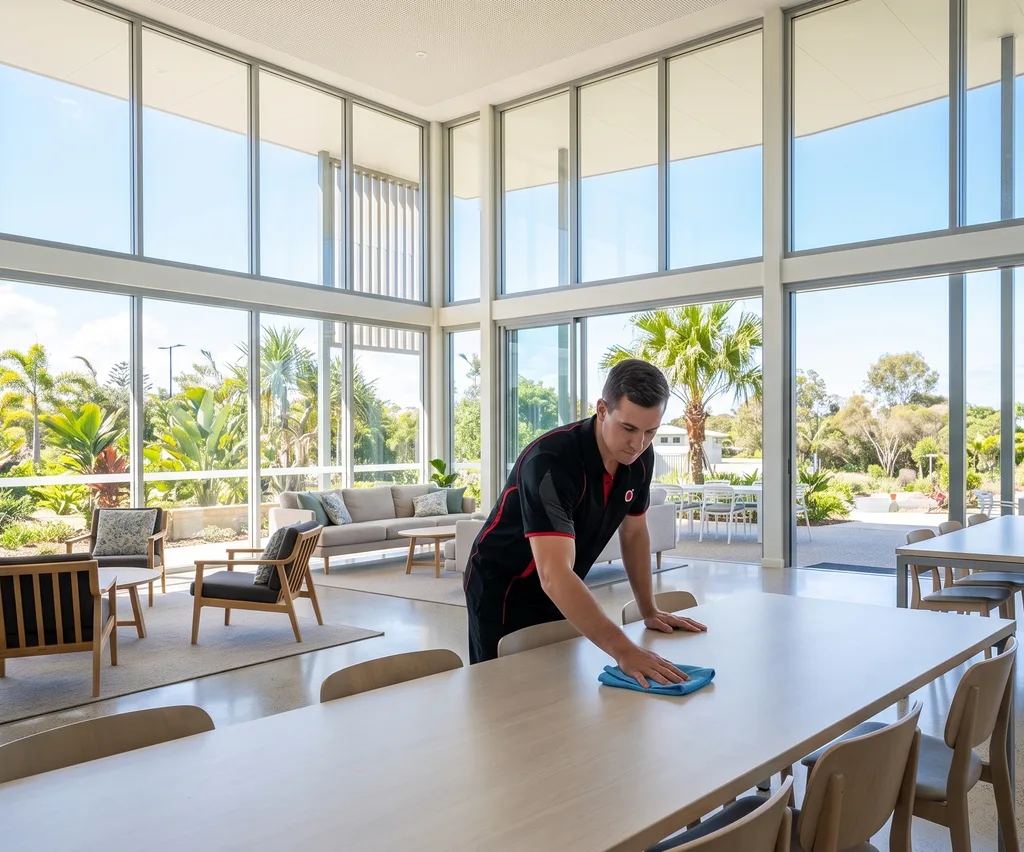 Commercial cleaner wiping a table in a sunlit Sunshine Coast common room with garden views